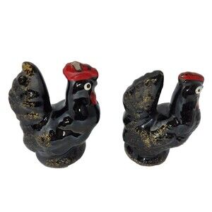 Mid Century Rooster Chicken Salt Pepper Shakers Japan Vintage Ceramic Black Gold